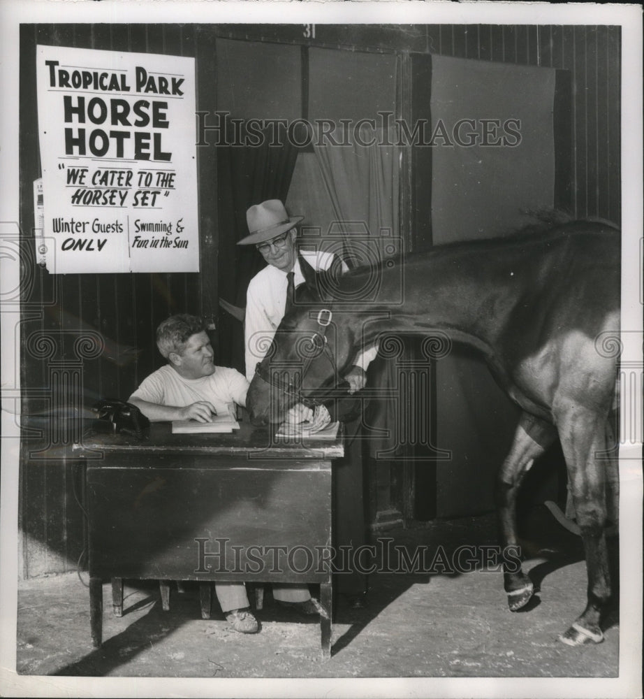 1953 Press Photo Tropical Park Horse Hotel clerk Sid Bulcroft &amp; &quot;Velvet Express&quot; - Historic Images