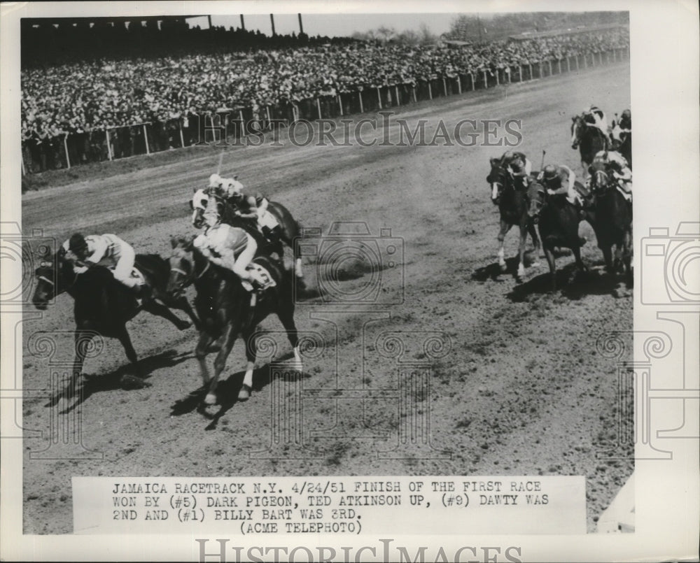 1951 Press Photo Dark Pigeon and jockey Ted Atkinson win 1st race, Jamaica Track- Historic Images