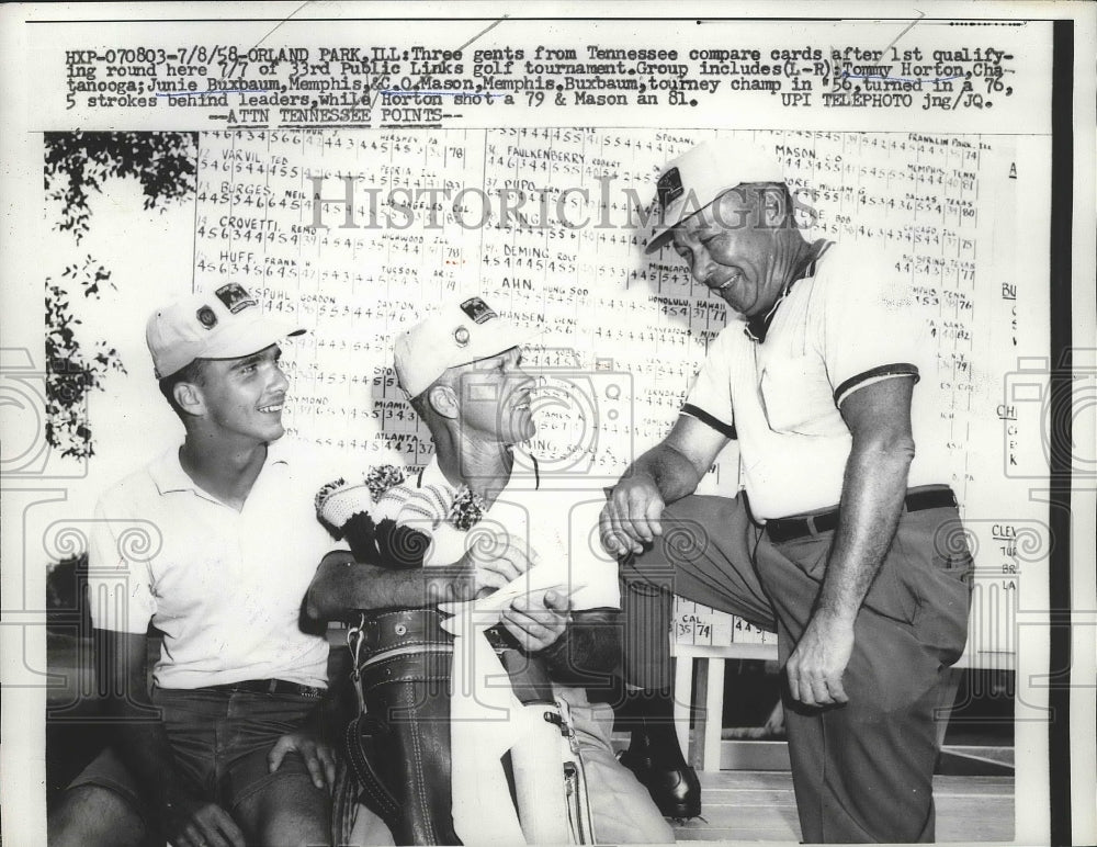 1958 Press Photo Tommy Horton, CO Mason, Junie Buxbaum at 33rd Public Links golf - Historic Images