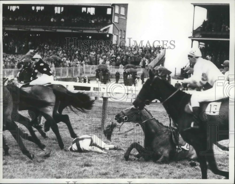 1960 Press Photo Brian Lawrence falls from April Stake at Newbury England race- Historic Images