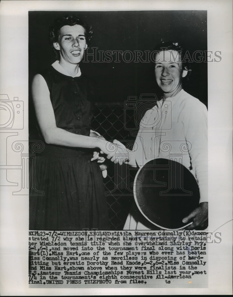 1953 Press Photo US Amateur tennis championships Maureen Connelly &amp; Doris Hart - Historic Images