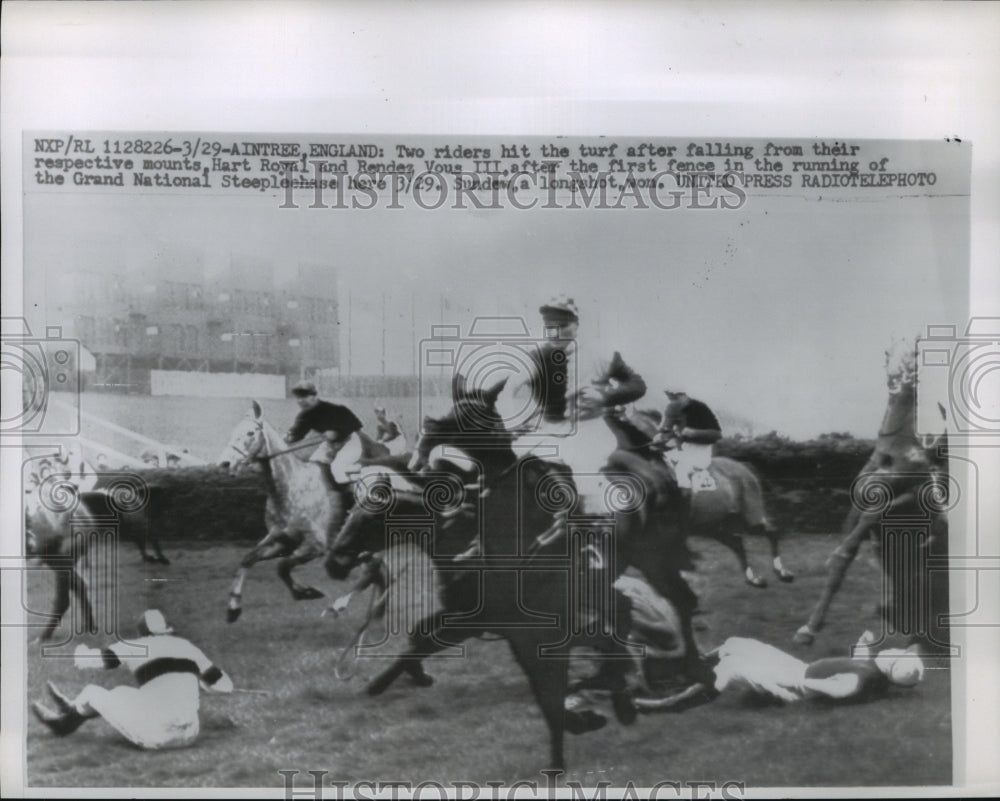 1957 Press Photo Hart Royal, Bendez Vous III fall at Grand National Steeplechase - Historic Images