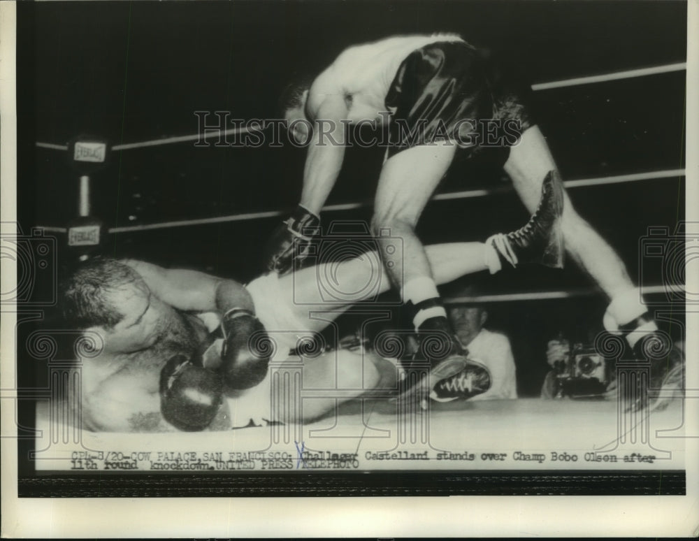 Press Photo Castellani Stands Over Champ Bobo Olson After 11th Round Knockdown - Historic Images