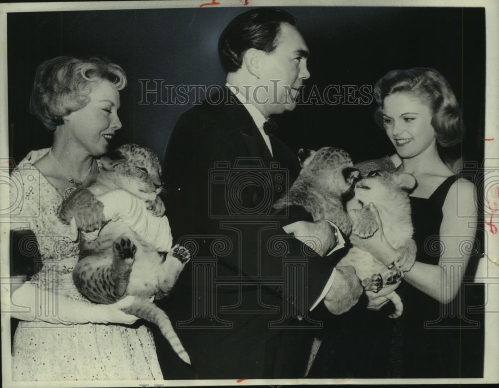 1958 Press Photo Max Schmeling, Anny Ondra with Lion Cubs from Sarrasani Circus- Historic Images