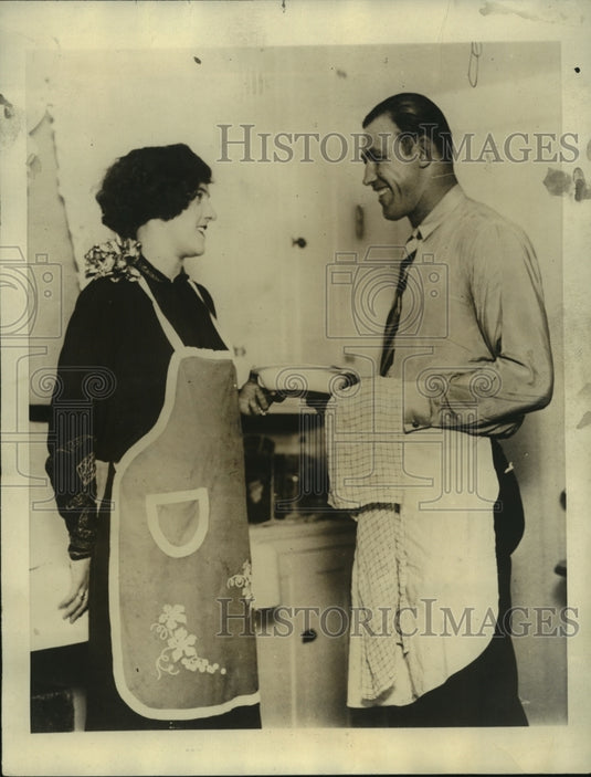 1926 Press Photo Jack Sharkey with his wife doing dishes - nes55806 - Historic Images