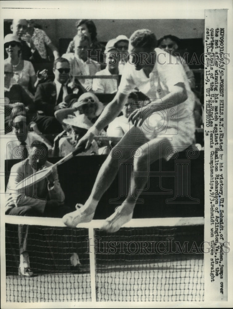 1958 Press Photo Elated by His Victory Ulf Schmidt Jumps Over Net After Winning - Historic Images