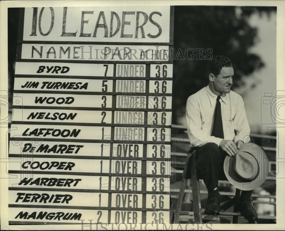 1943 Press Photo Scorer watches scoreboard at Victory national Golf Tournament - Historic Images