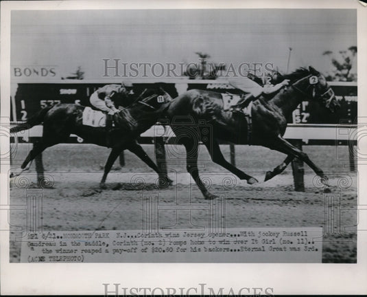 1951 Press Photo Russell Candreau on Corinth wins at NY trackIt Girl 2nd - Historic Images