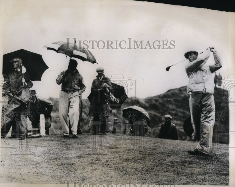 1937 Press Photo Denny Shute driving during Ryder Cup match in England- Historic Images