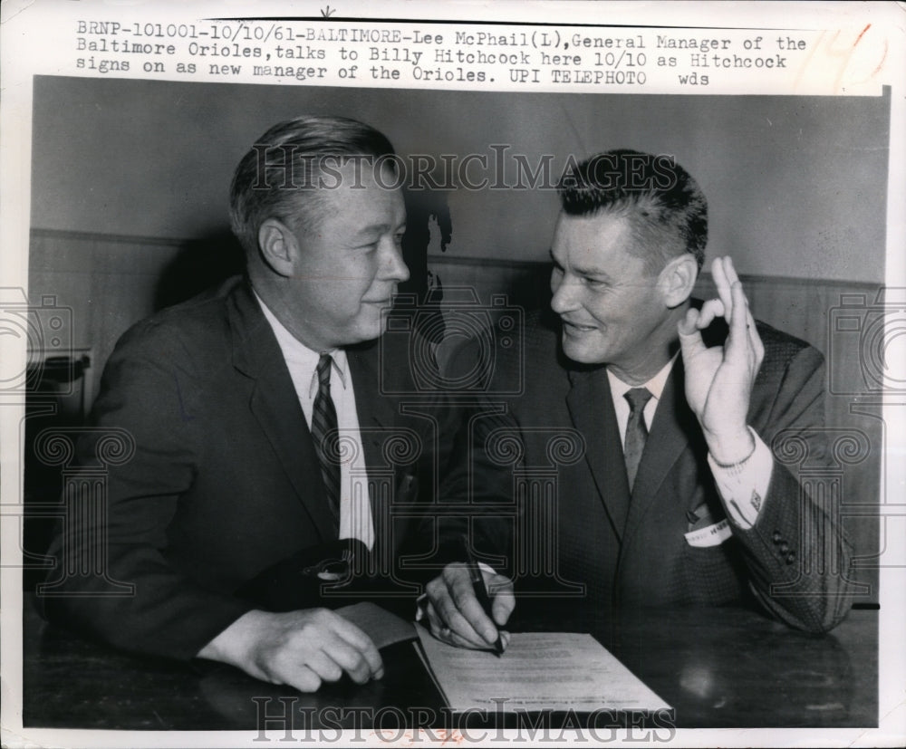 1961 Orioles GM Lee McPhail signs new manager Billy Hitchcock-Historic Images