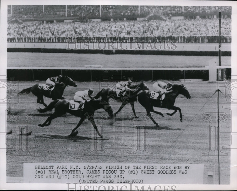 1952 Press Photo James Picou on Real Brother wins vs Sweet Goddess, Cold Heart - Historic Images