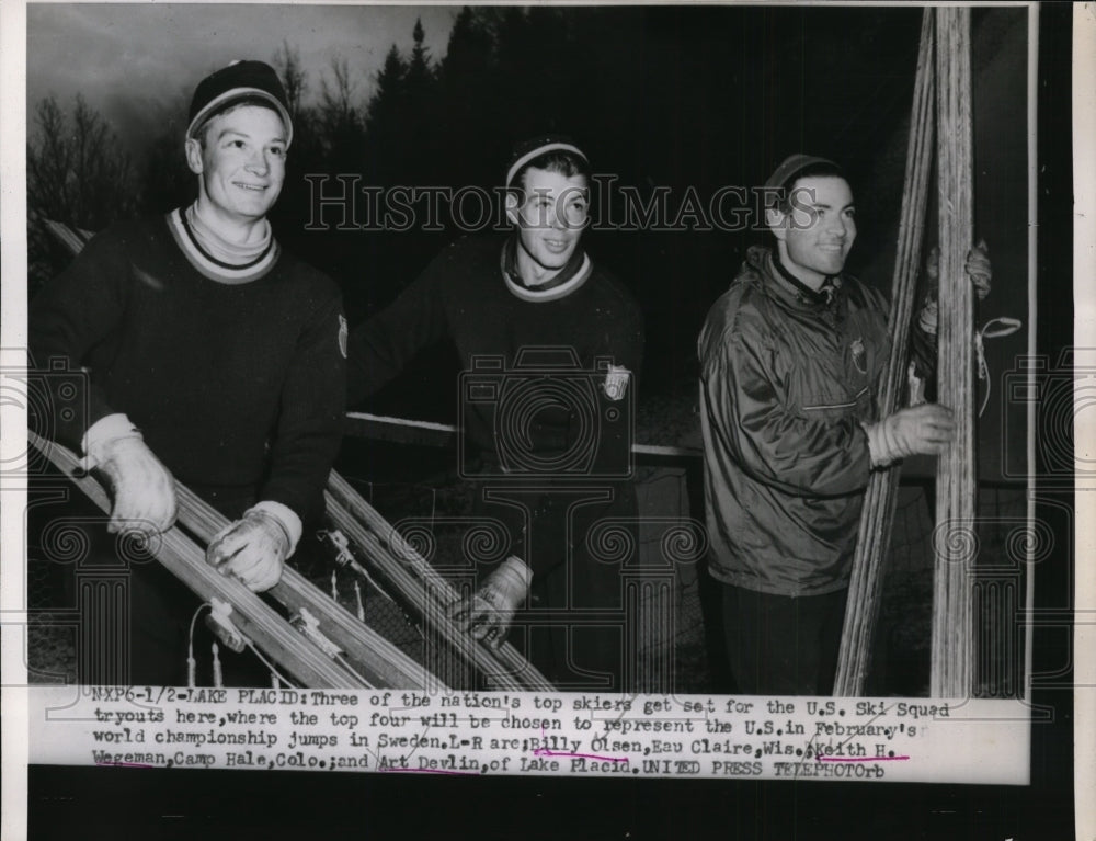 1954 Press Photo US skiers Billy Olsen, Keith Wegeman, Art Devlin at Lake Placid - Historic Images