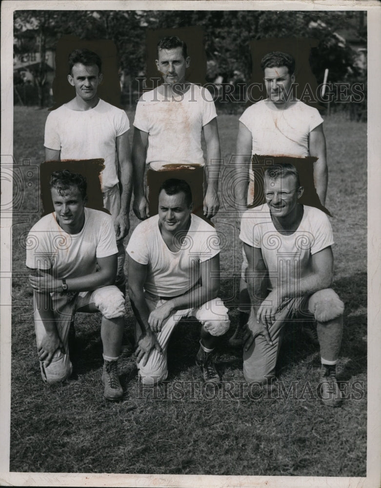 1947 Press Photo Six men playing football on a field in Cleveland Heights - Historic Images