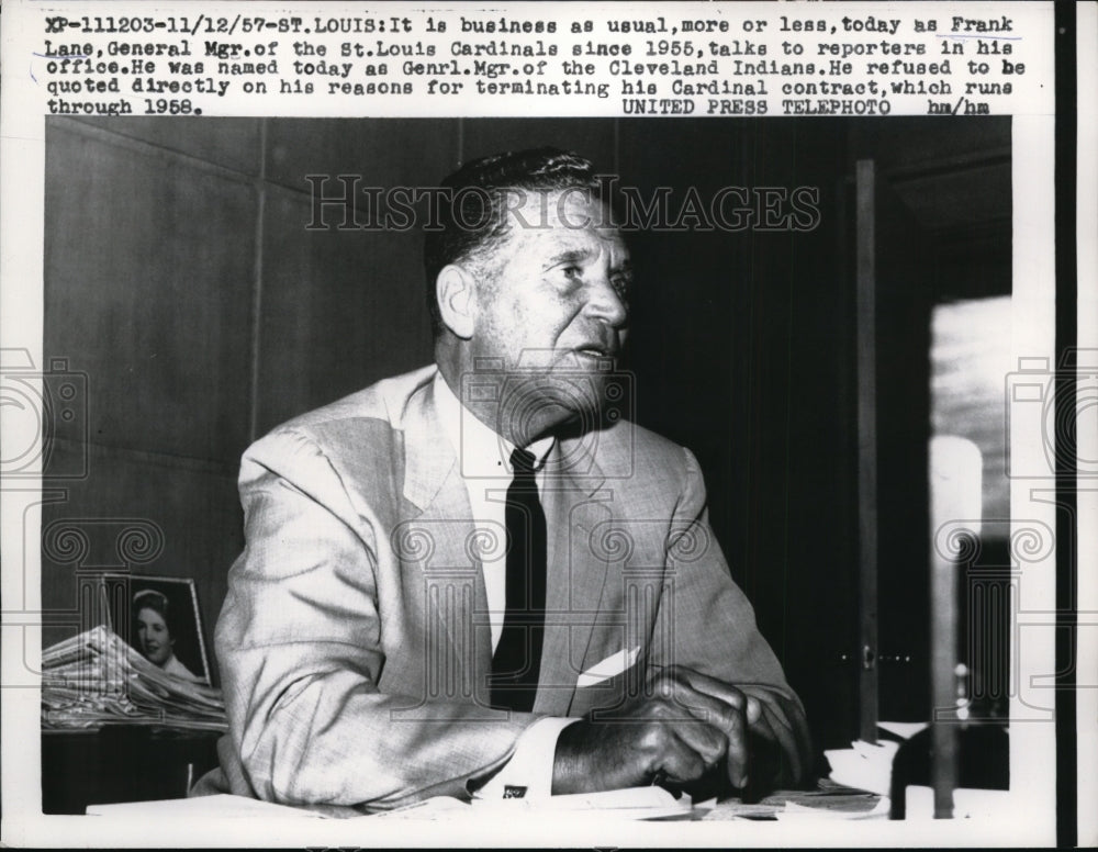 1957 Press Photo New Cleveland Indians general manager Frank Lane - net03227 - Historic Images