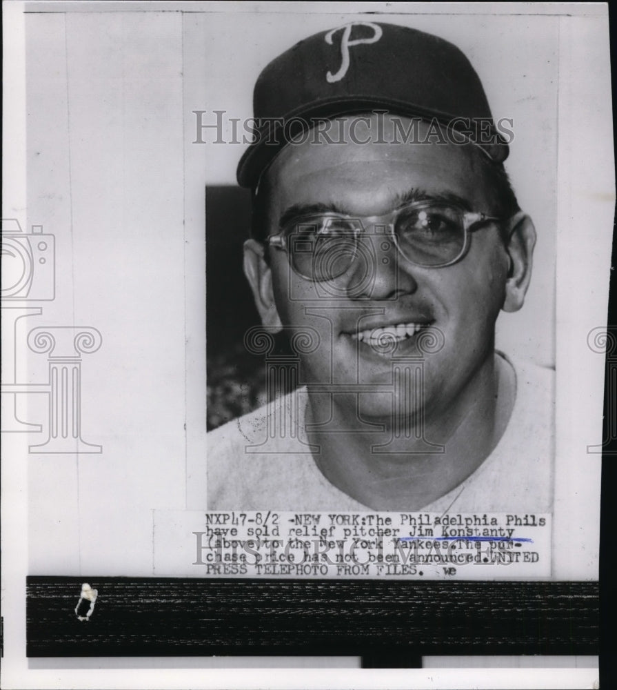 1954 Press Photo Relief pitcher Jim Konstanty of Phillies sold to Yankees- Historic Images