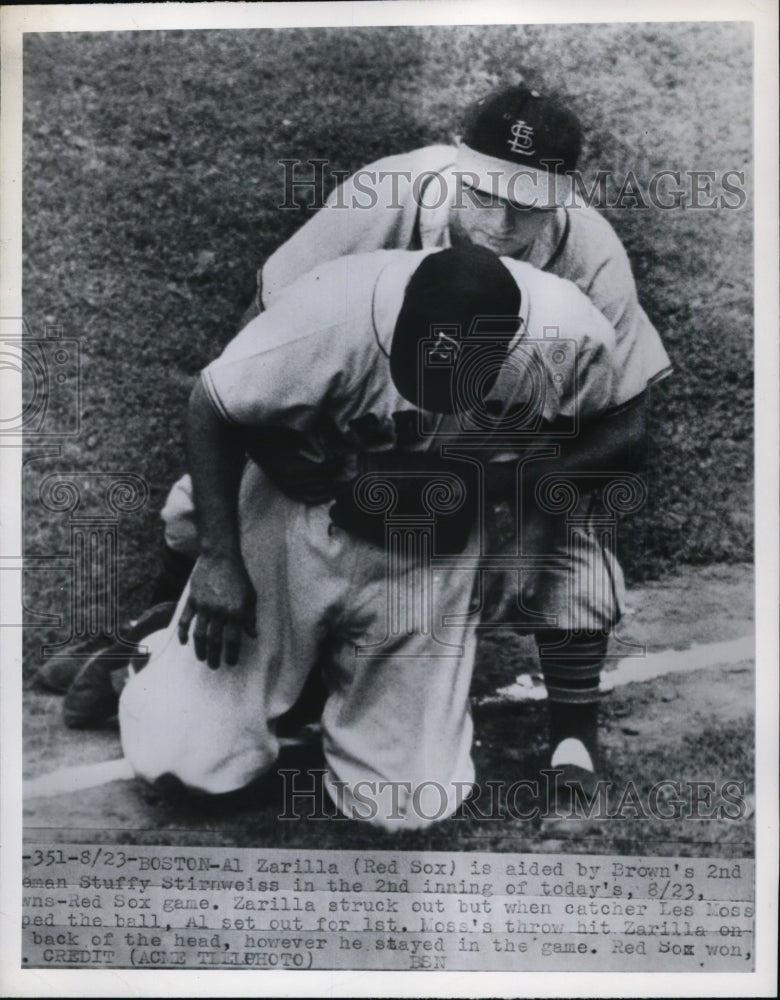 1950 Press Photo Al Zarilla of Red Sox &amp; Browns Stuffy Stirnweiss in game - Historic Images