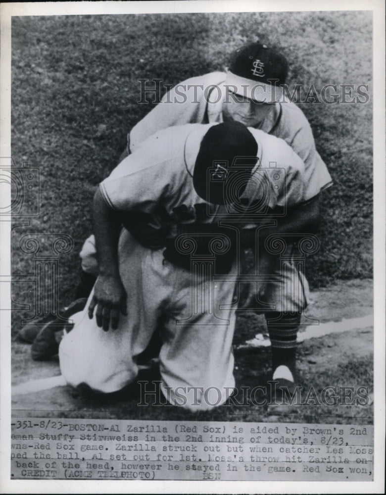 1950 Press Photo Al Zarilla of Red Sox & Browns Stuffy Stirnweiss in game - Historic Images