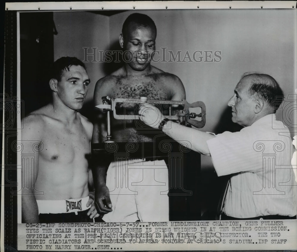 1957 Gene Fullmer, Ralph Tiger Jones weigh in for Chicago bout-Historic Images