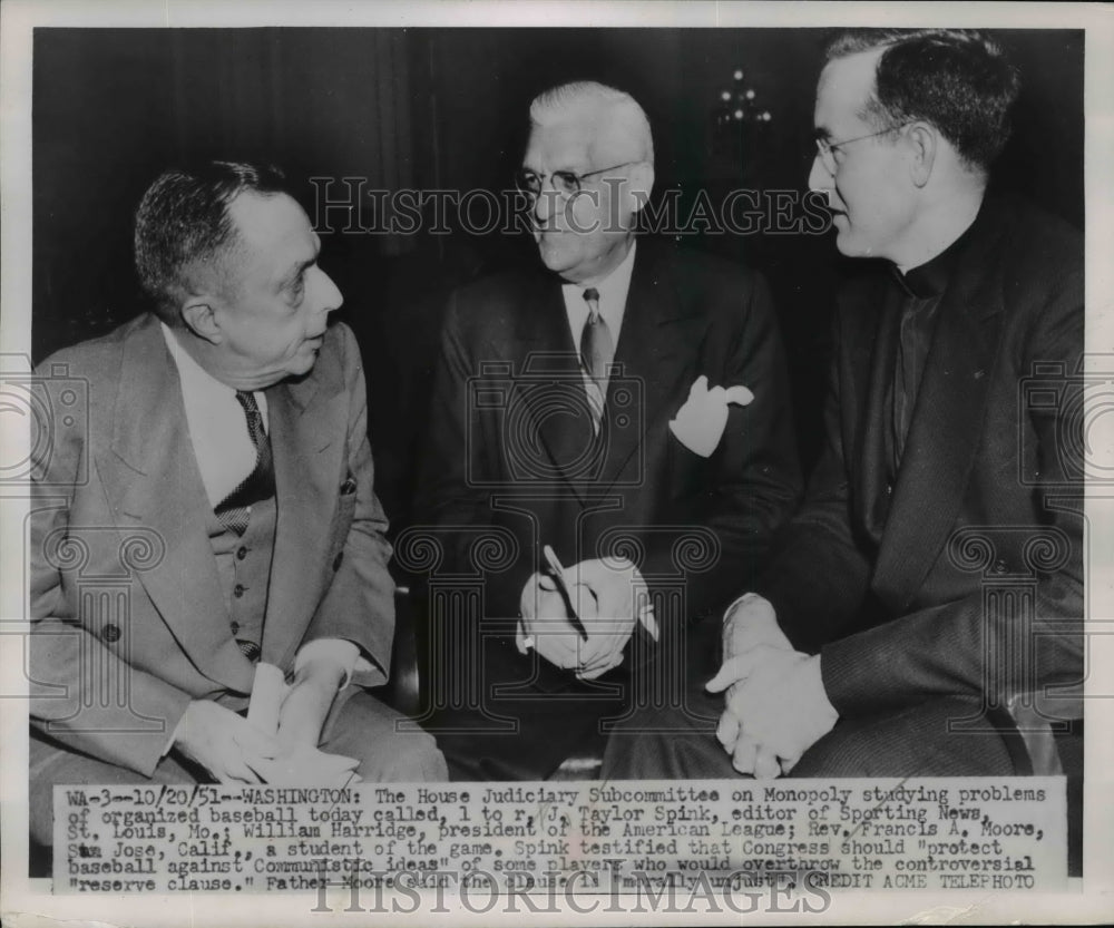 1951 Press Photo Taylor Spink of Sporting News, Bill Harridge of AL &amp; Rev Moore- Historic Images