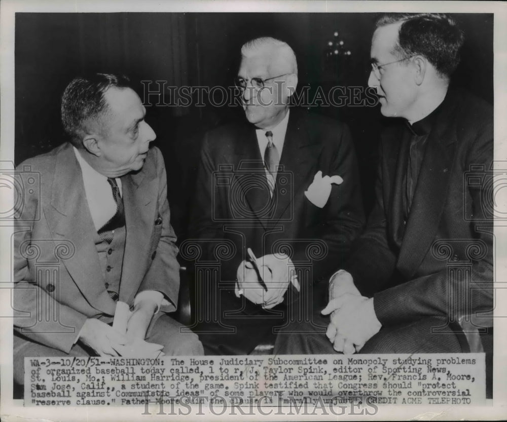 1951 Press Photo Taylor Spink of Sporting News, Bill Harridge of AL & Rev Moore- Historic Images