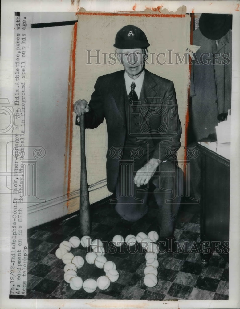 1949 Press Photo Philadelphia Athletics owner and manager Connie Mack turns 87 - Historic Images