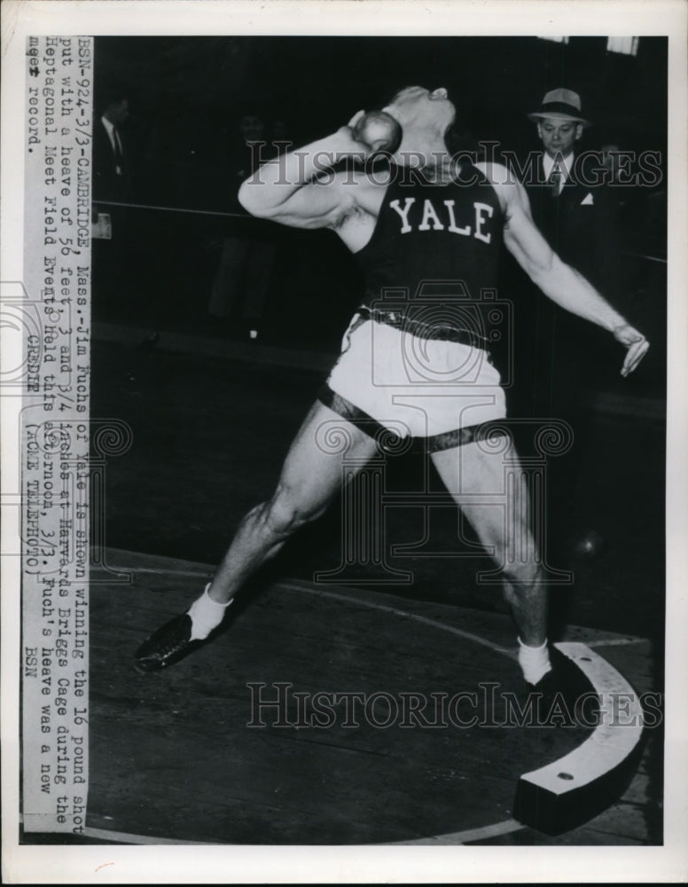 1950 Press Photo Yale University athlete Jim Fucks wins shot put in Cambridge - Historic Images