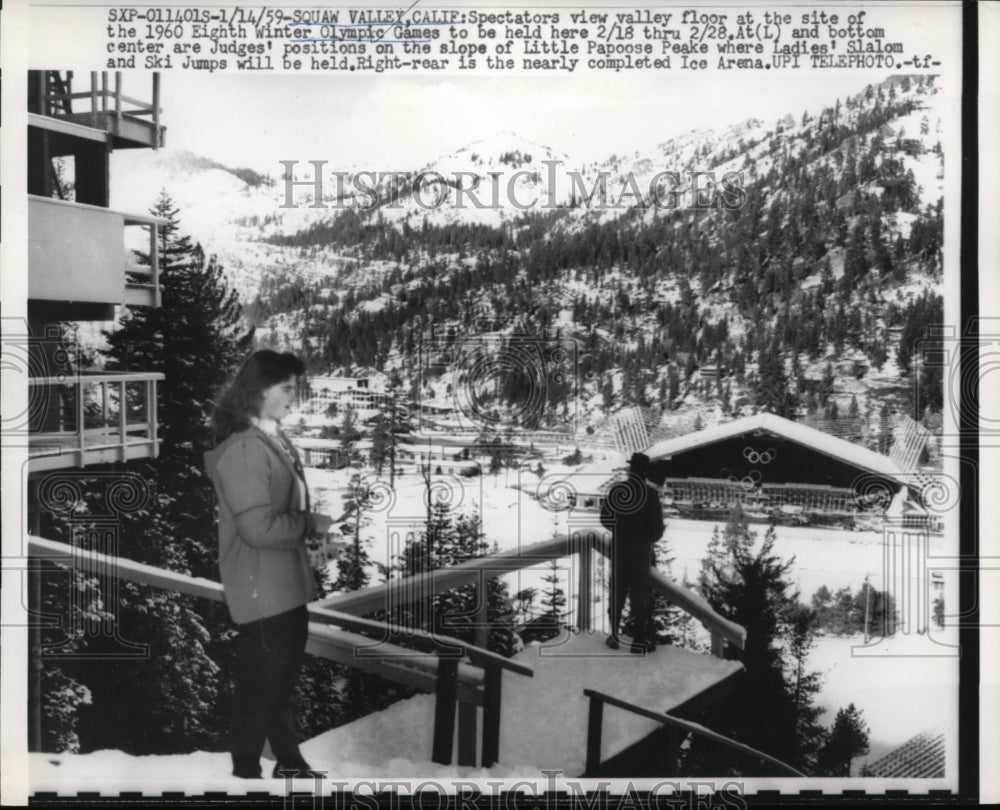 1959 Press Photo Fans look at grounds of Olympic site at Squaw Valley, CA - Historic Images