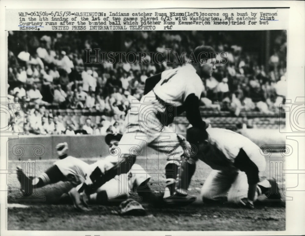 1958 Press Photo Cleveland Indians catcher Russ Nixon scores on bunt - net07106- Historic Images