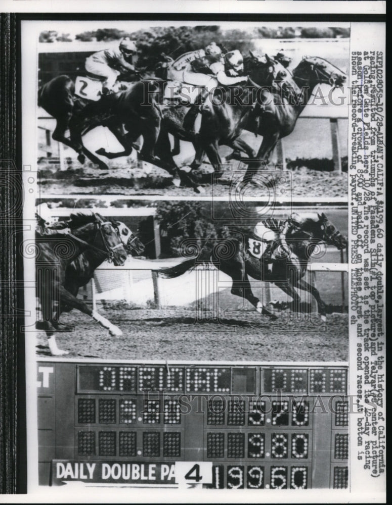 1957 Press Photo Pasadena Slim and Telyar win races at Golden Gate Fields track - Historic Images