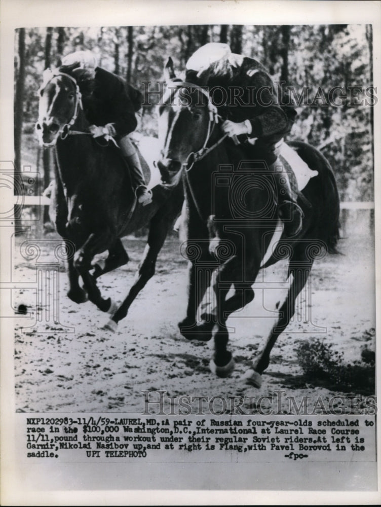 1959 Press Photo Laurel MD trackNikolai Nasibov on Garndir, P Borovoi on Flang- Historic Images