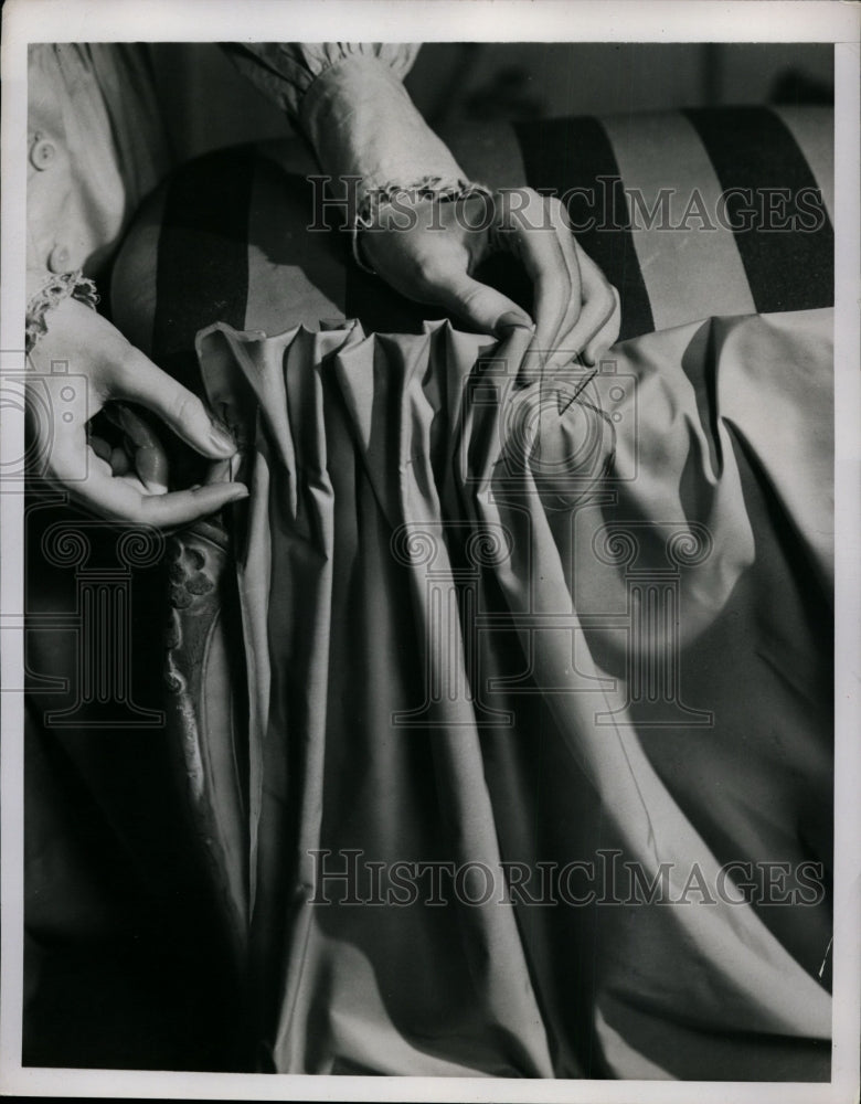 1949 Press Photo Woman sewing a nylon taffeta gown - net08608 - Historic Images