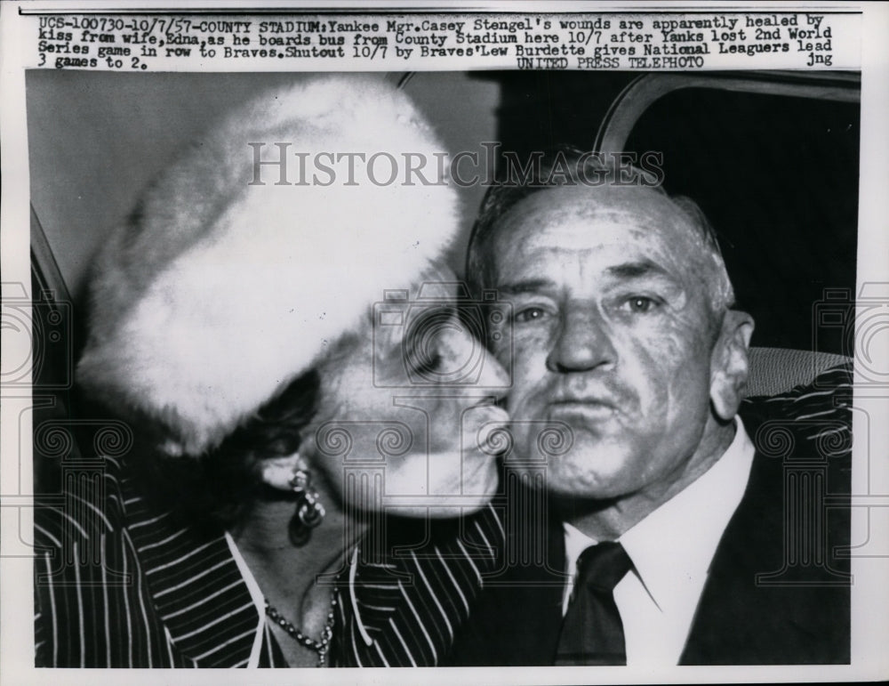 1957 Yankee manager Casey Stengel & wife Edna at County Stadium-Historic Images