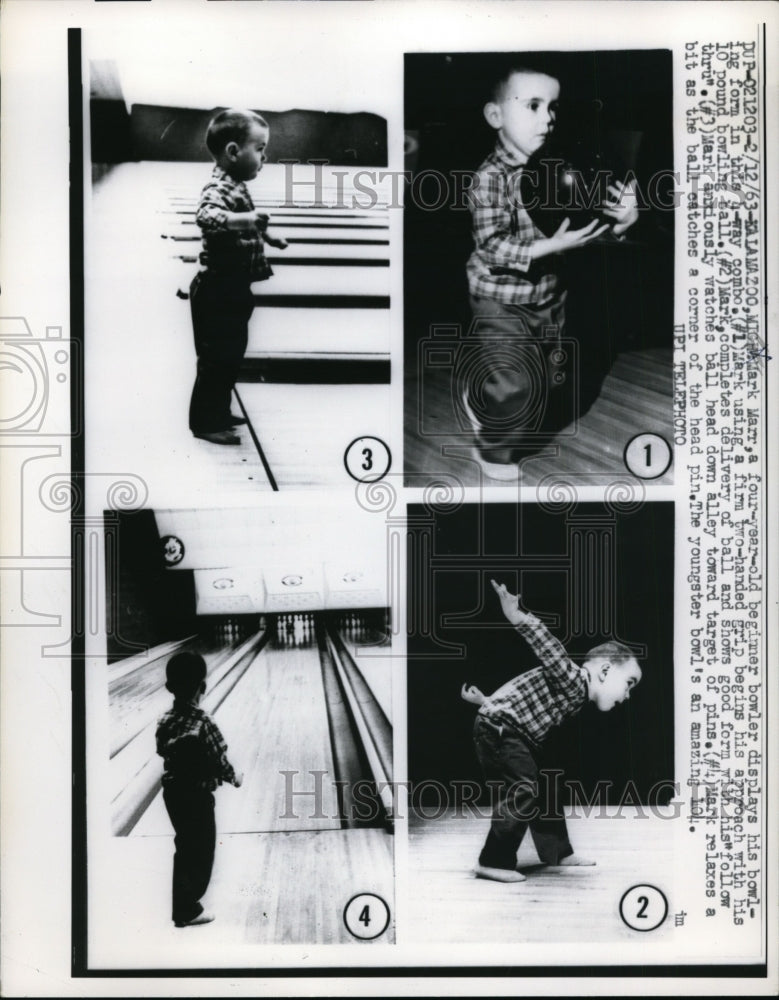 1963 Press Photo Mark Marr age 4 demonstrates bowling in Kalamazoo MI - Historic Images