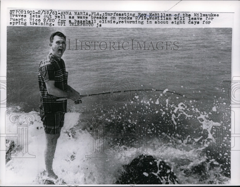 1961 Press Photo Surfcaster Roy McMilliam of Milwaukee Braves in Florida- Historic Images