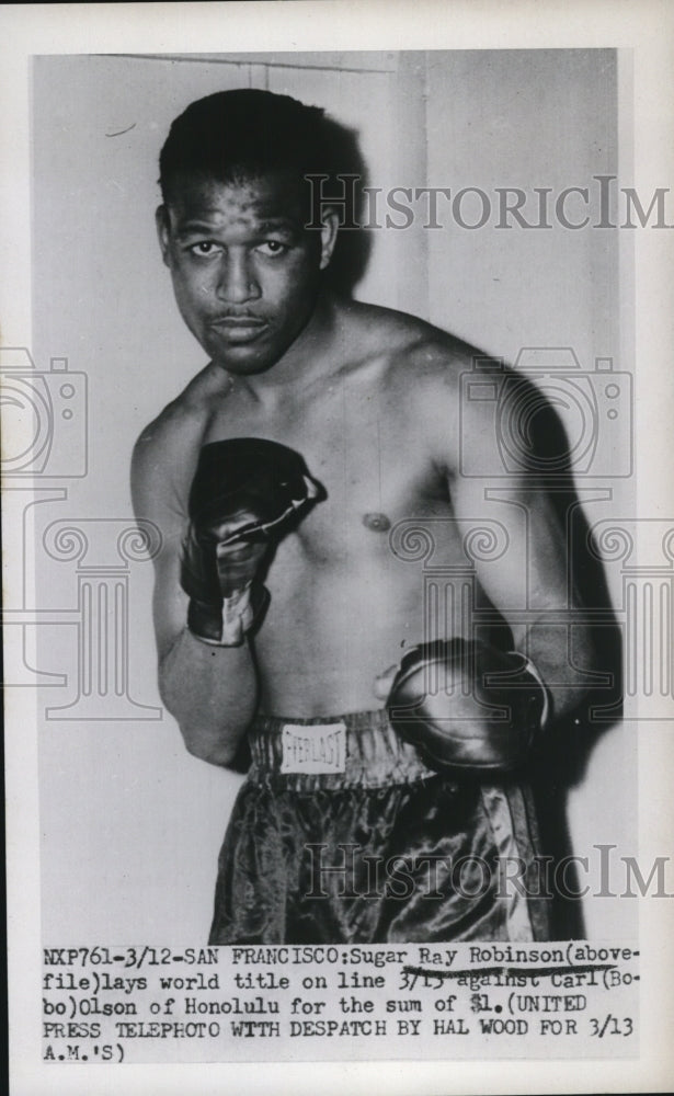 1952 Press Photo Boxer Sugar Ray Robinson training for bout vs Carl Bobo Olson - Historic Images