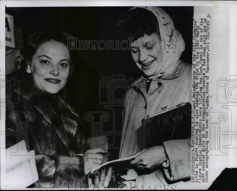 1960 Press Photo Figure Skater Carol Heiss &amp; fan Sandra Rinta in Vancouver - Historic Images