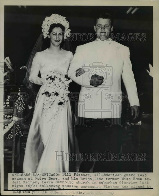 1949 Press Photo Bill Fischer of Notre Dame football & bride Roma Kainer - Historic Images