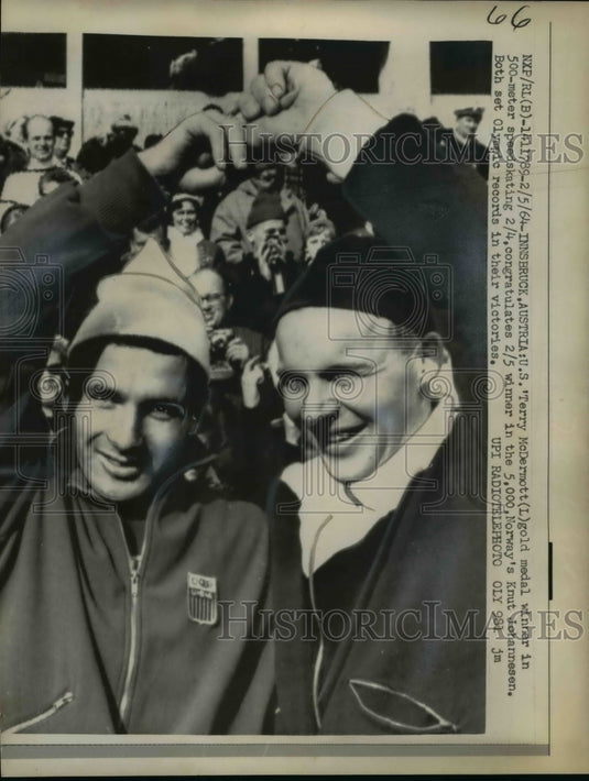 1964 Press Photo Terry McDermott speedskater & Norways Knut Johannesen - Historic Images