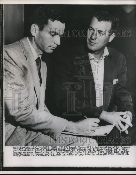 1955 Press Photo Frank Kovacs tennis player /coach & attorney Tom Brown - Historic Images