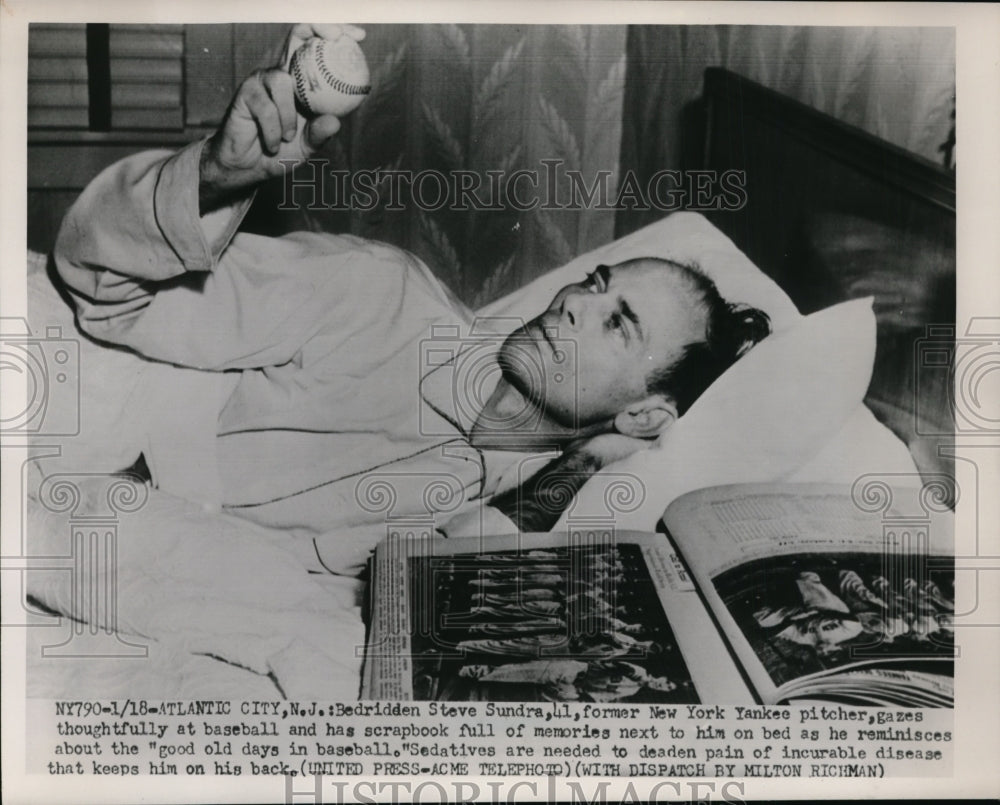 1952 Press Photo former Yankees pitcher Steve Sundra bedridden with cancer - Historic Images