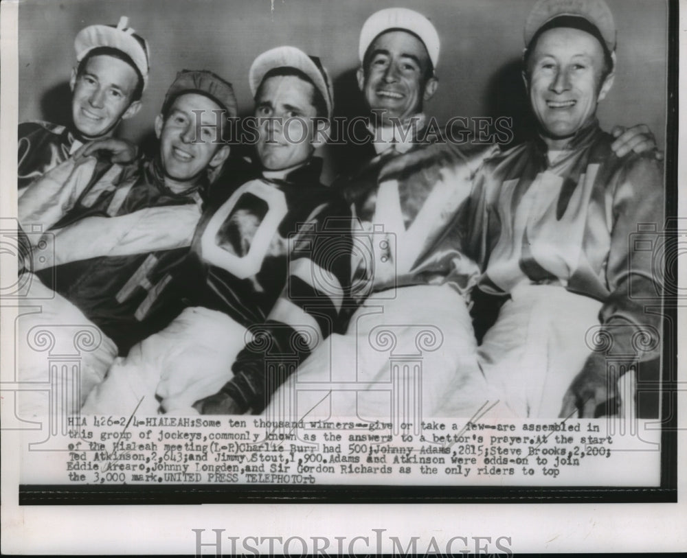 1954 Press Photo Jockeys Charlie Burr, Johnny Adams, Steve Brooks - net26731- Historic Images