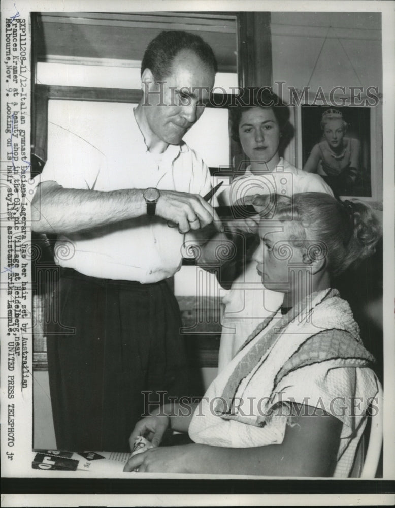 1956 Press Photo Italian gymnast Luciana Lagerara, Frances Kramer at Olympics- Historic Images