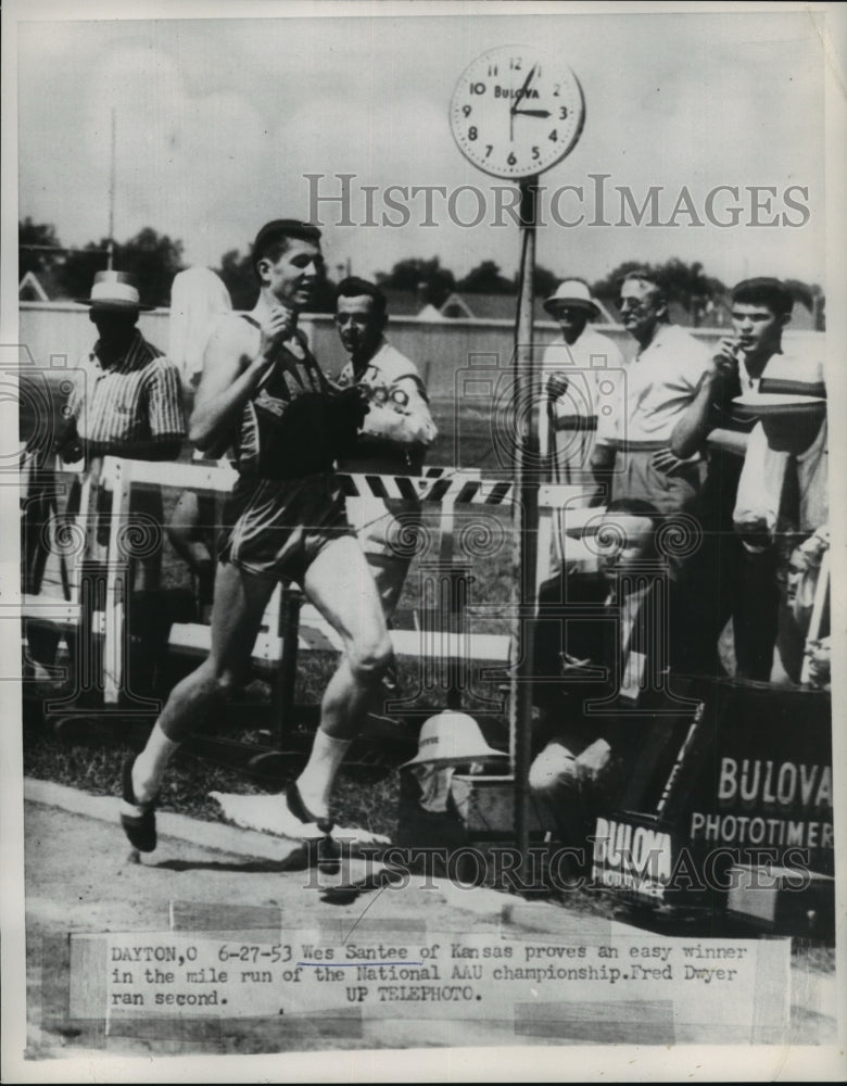 1953 Press Photo Wes Santee of Kansas wins mile at National AAU meet Ohio - Historic Images