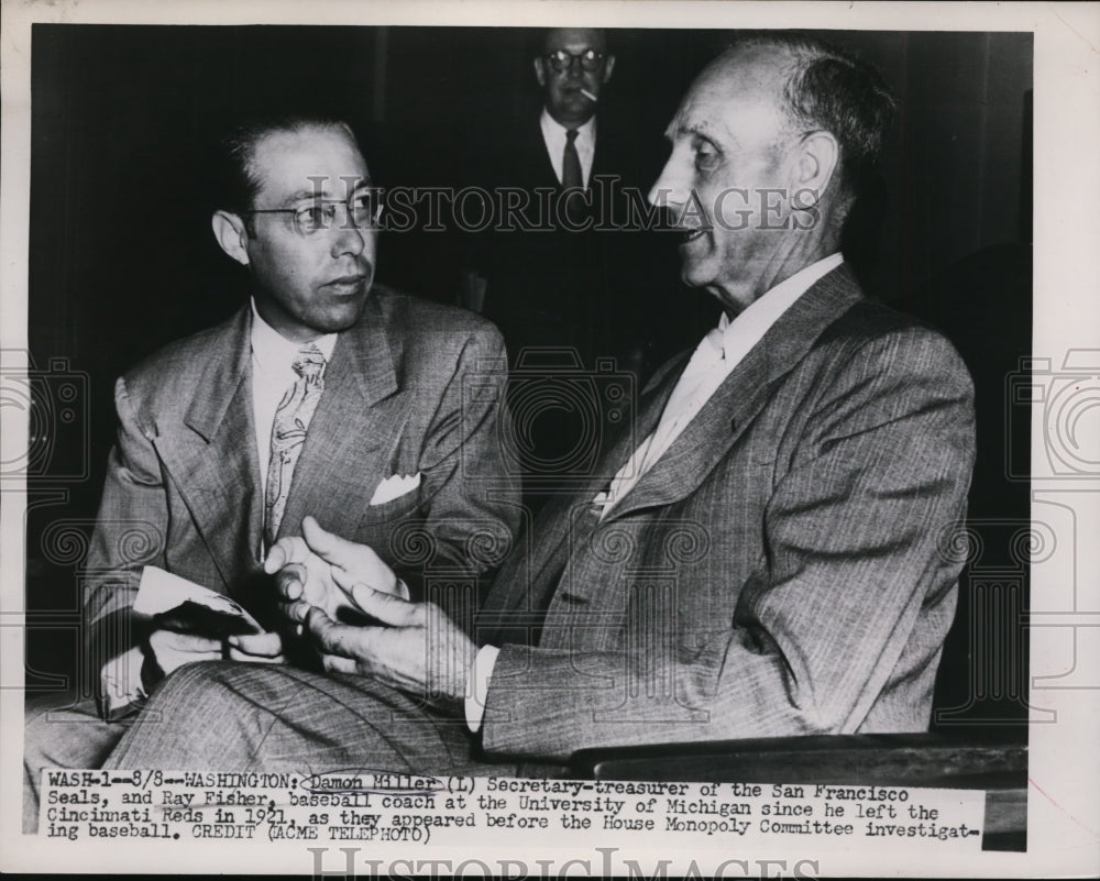 1951 Press Photo SF Seals man Damon Miller &amp; Ray Fisher u of Michigan coach- Historic Images