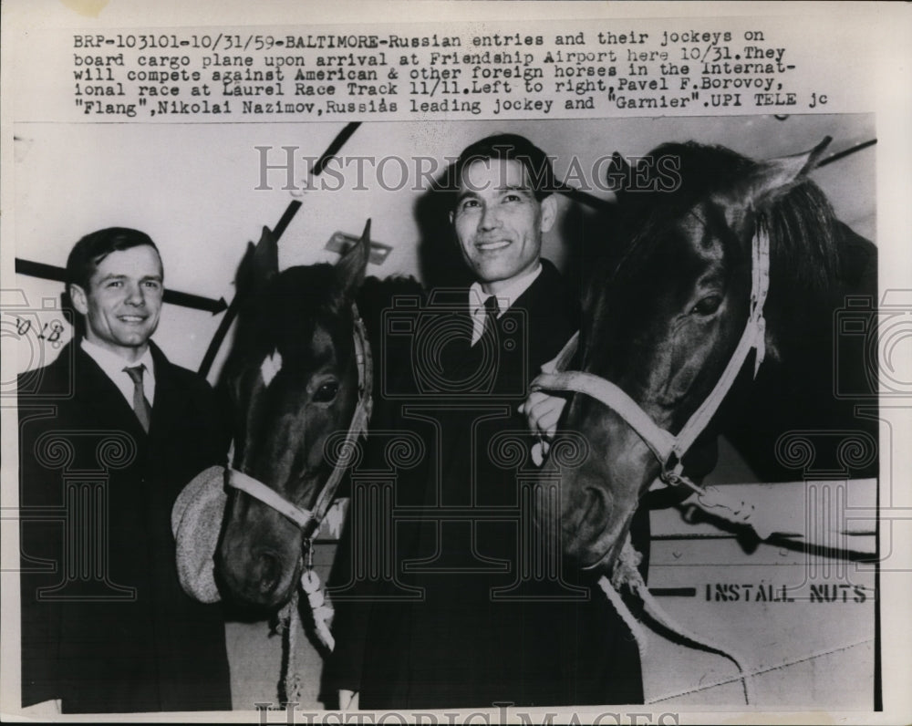 1959 Press Photo Jockeys Pavel Borovcy and Nikolai Nazimov with Flang &amp; Garnier- Historic Images