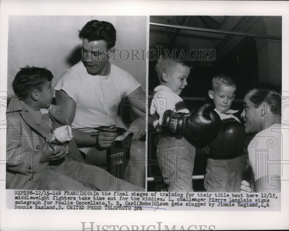 1954 Press Photo boxers Pierre Langlois & Bobo Olson with young fans - net29478 - Historic Images