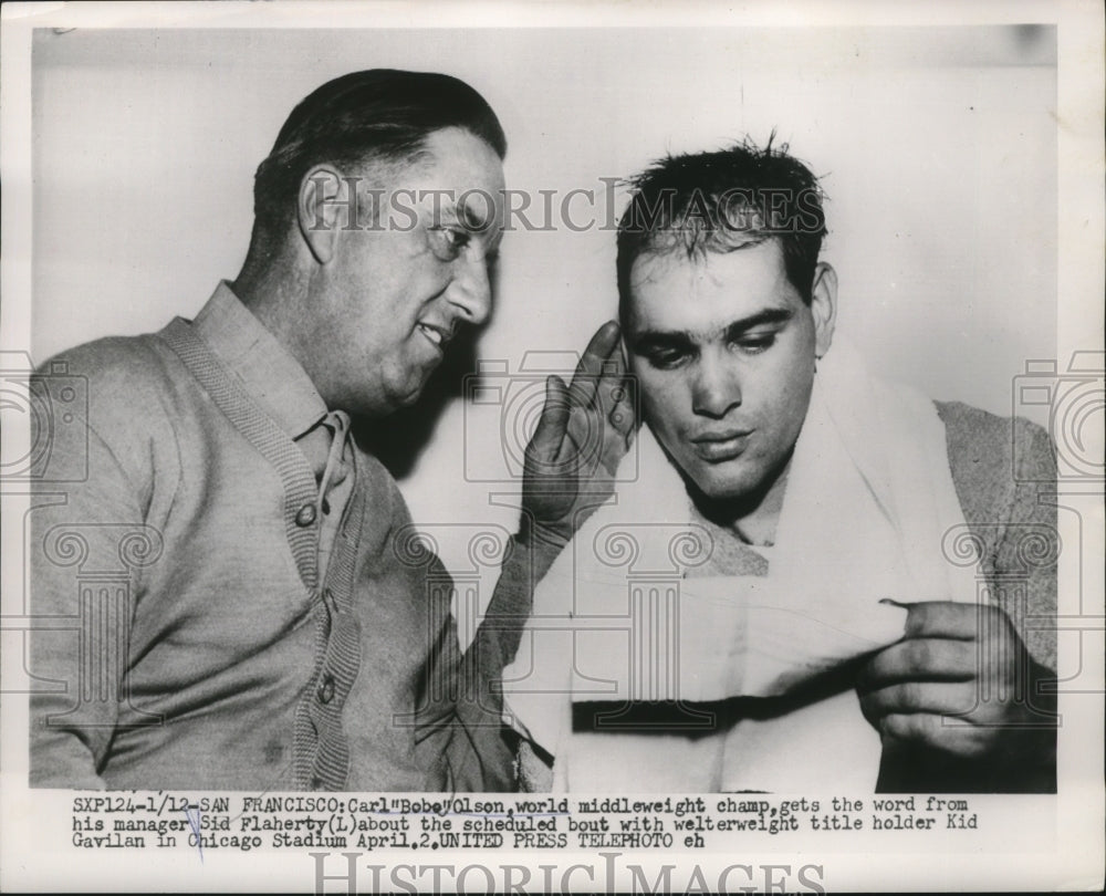 1954 Press Photo Boxer Carl Bobo Olson &amp; manager Sid Flaherty for Kid Gavilan - Historic Images