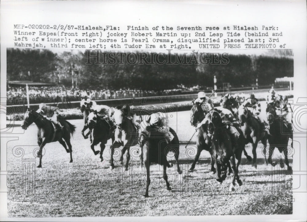 1957 Hialeah race in Florida R Martinon Espes wins vs Leap Tide-Historic Images