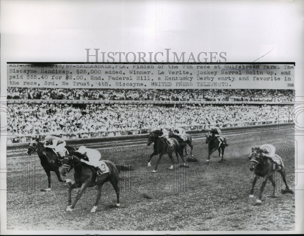 1957 Press Photo Gulfstream Park race in Fla H Bolin on La Verite, Federal Hill - Historic Images