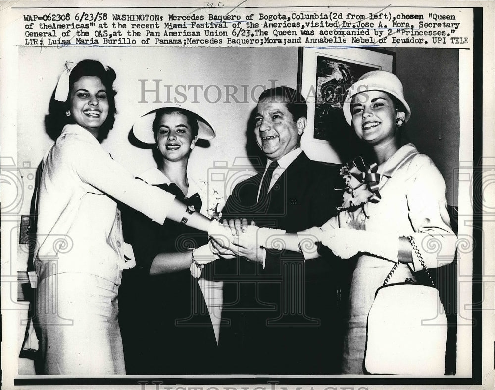 1958 Press Photo Mercedes Baquero, Queen of Americas, Dr. Jose A Mora, L Burillo - Historic Images